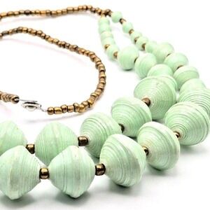 Vintage Teng YueDouble Seafoam Green Paper Beads Bronze‎ Tone Seed Bead Necklace